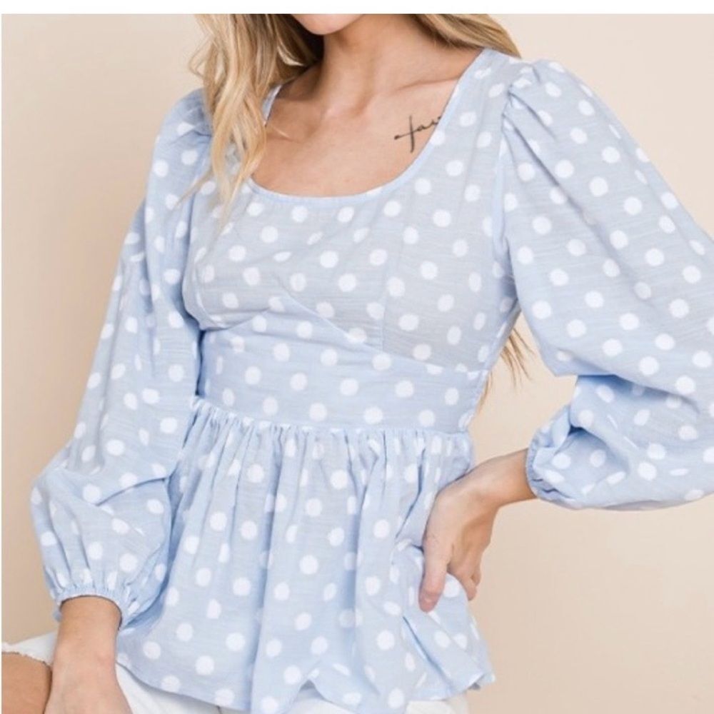 NWT Elegant Sky Blue Polka Dot Blouse - Picture 4 of 10